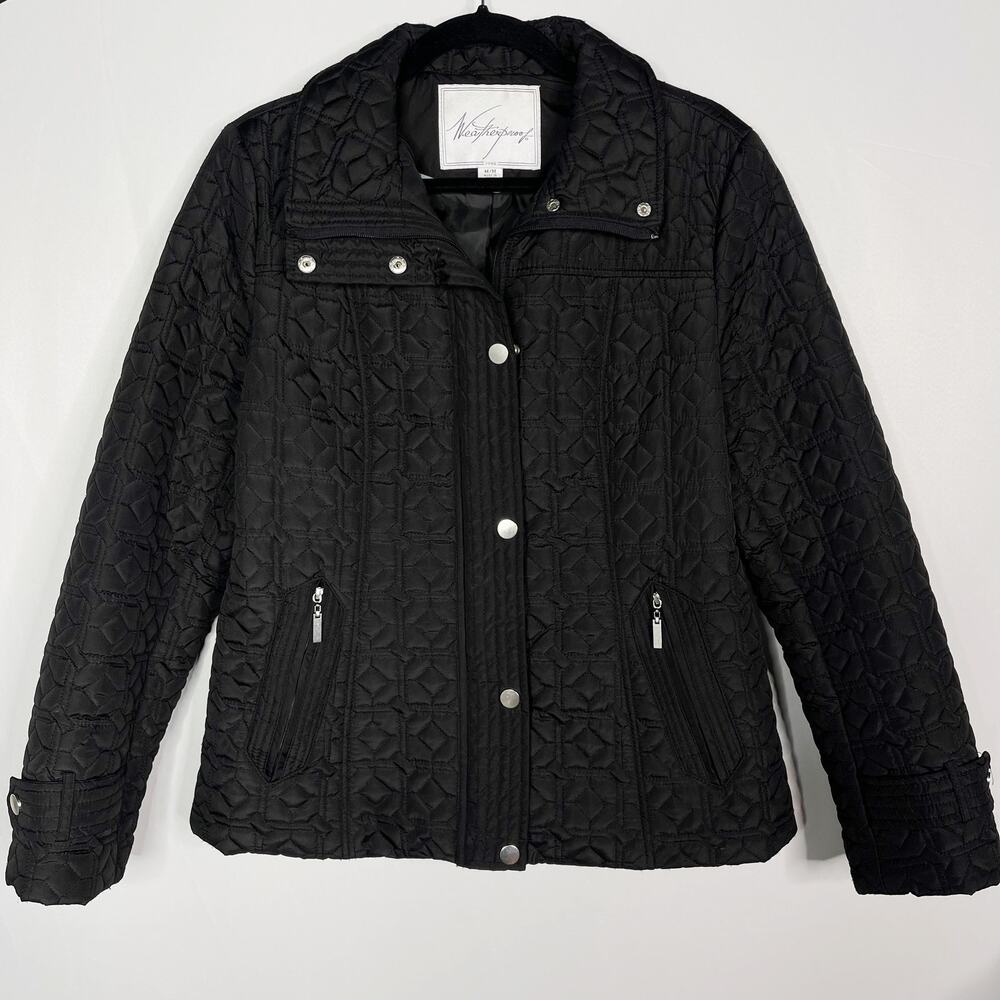 Weatherproof Womens Medium M Black Quilted Jacket Snap Zip Front Cinch Back
